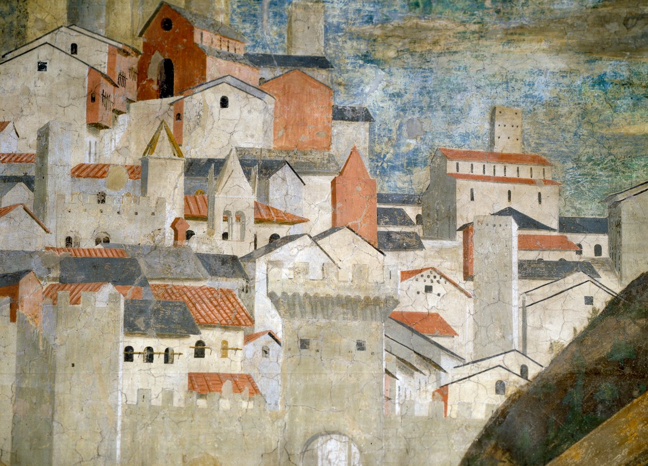 De Koningin van Sheba die de Brug van het Hout van het Ware Kruis Aanbidt (detail) door Piero della Francesca