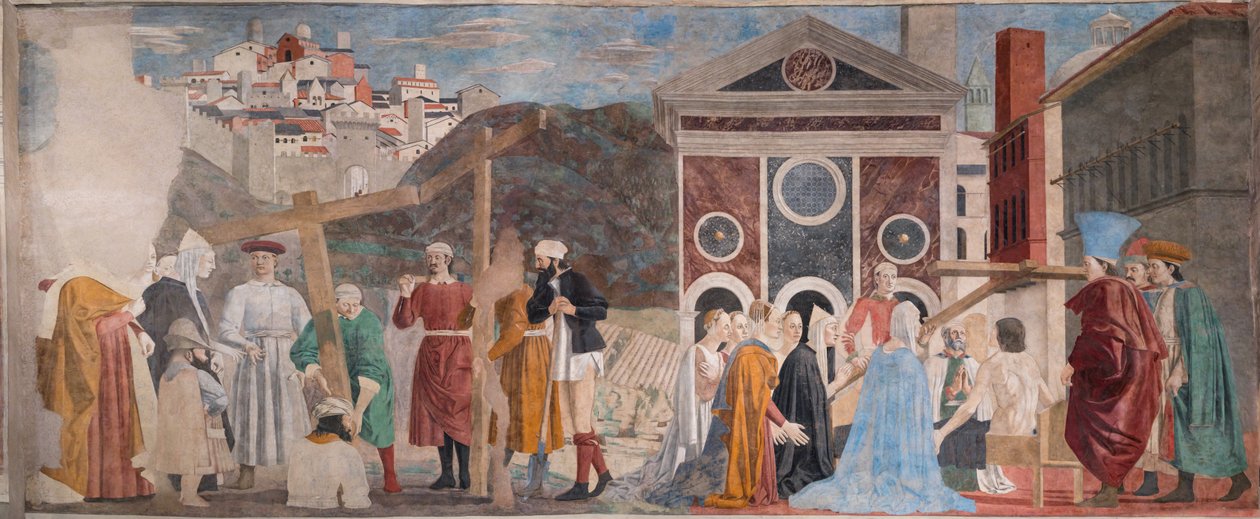 Vinding van de drie kruisen en verificatie van het kruis, uit De verhalen van het ware kruis (fresco) door Piero della Francesca