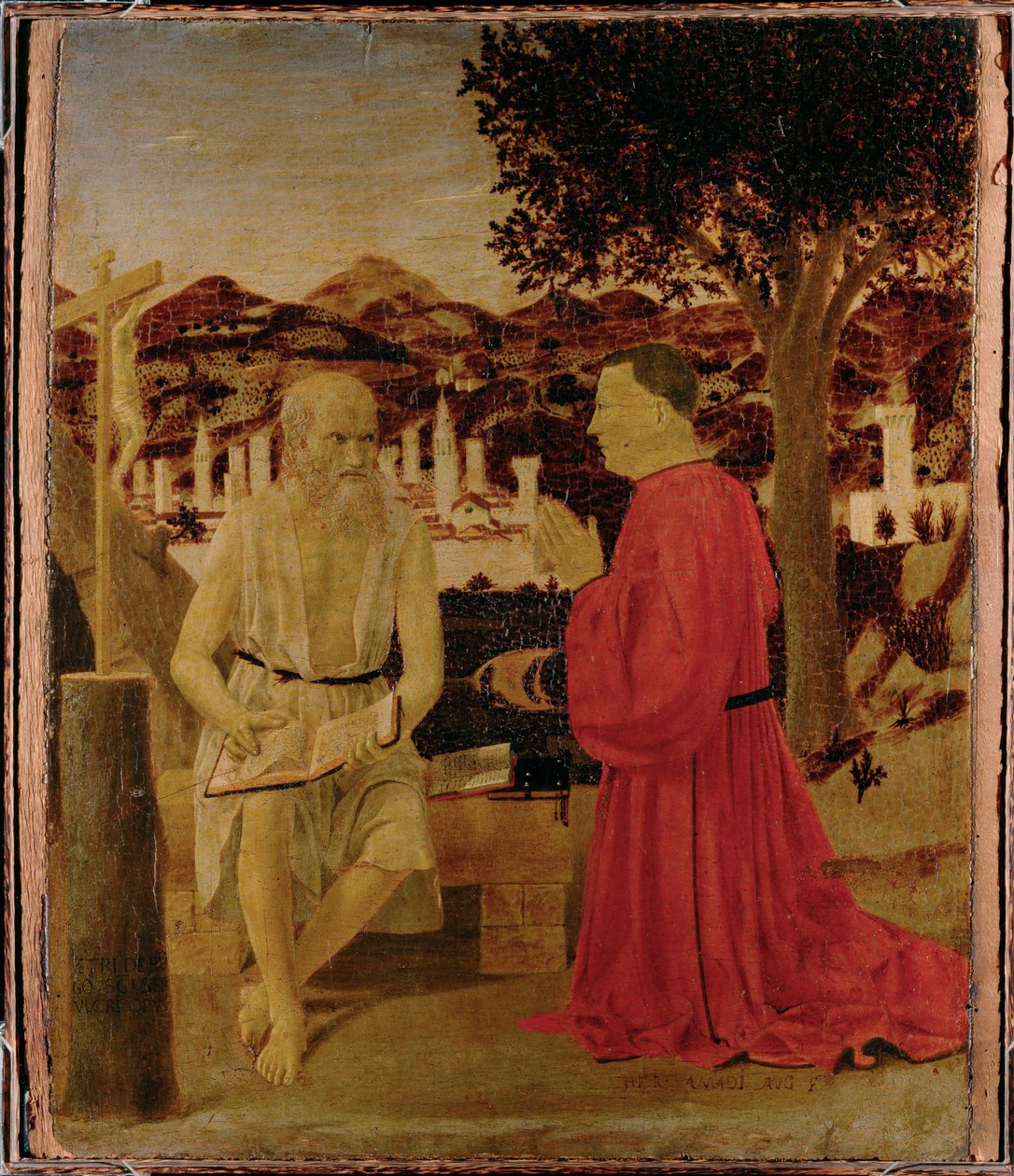 Hiëronymus en een toegewijde (schilderij op hout) door Piero della Francesca