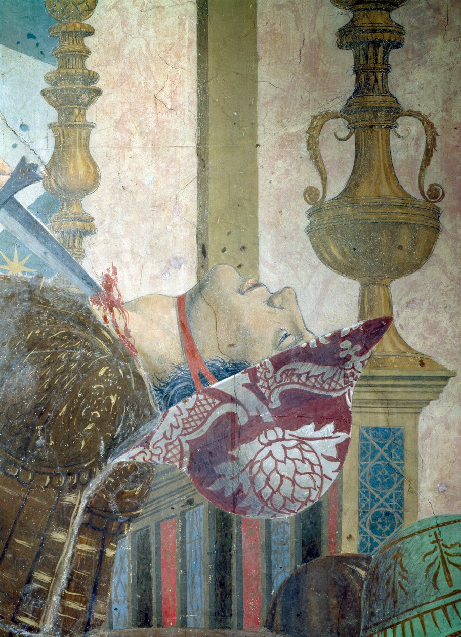 De Legende van het Ware Kruis, de Slag van Heraclius en Chosroes, man wiens keel wordt doorgesneden (detail) door Piero della Francesca
