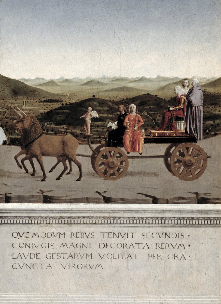 Triomf van Battista Sforza, Hertogin van Urbino. Battista en haar dienstmaagd, twee Theologische Deugden en een non worden getrokken in een triomfwagen door twee bruine eenhoorns, na 1472 (detail) door Piero della Francesca