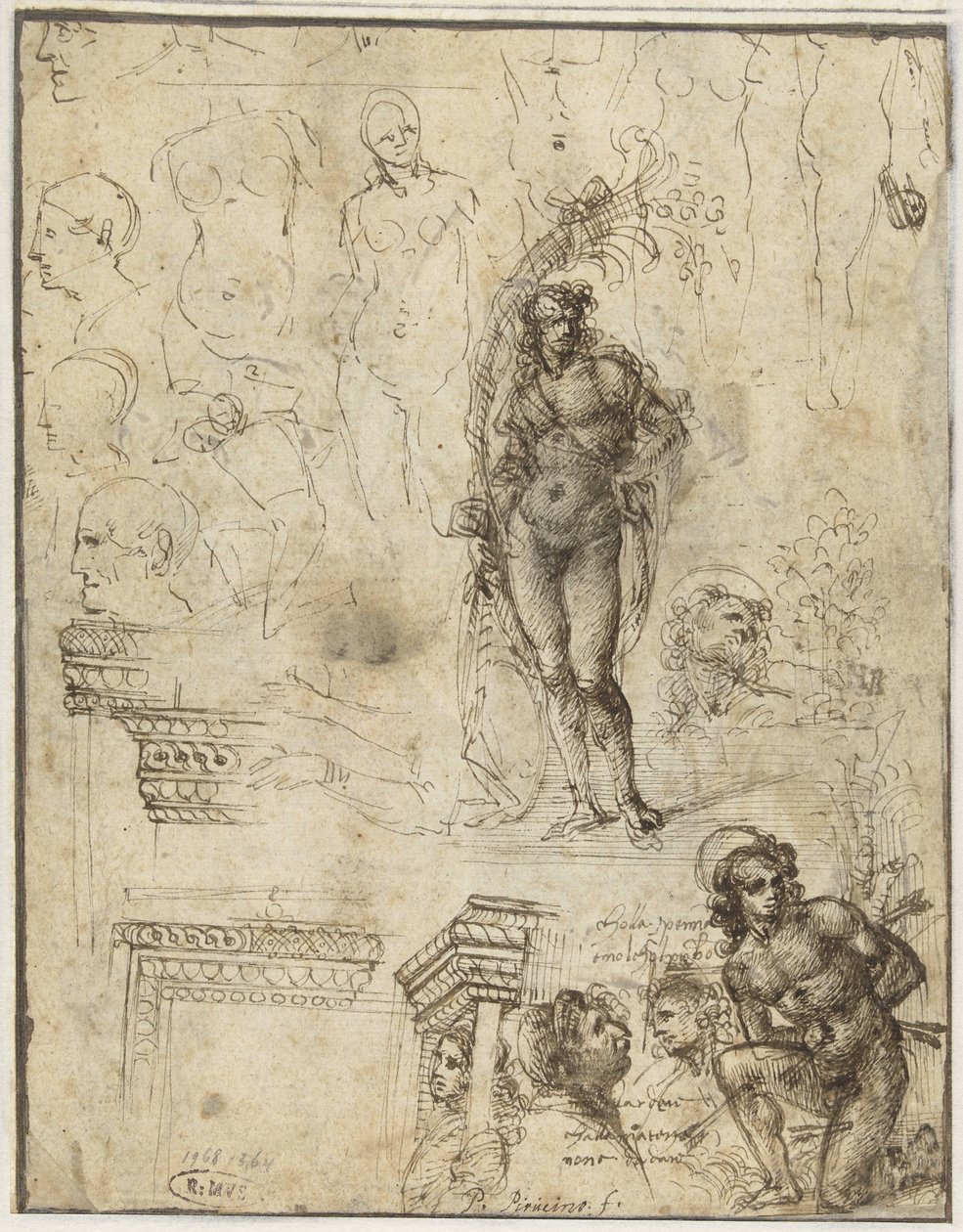 Studieblad met hoofden, figuren en architectuurfragmenten door Piero di Cosimo (attributed to)