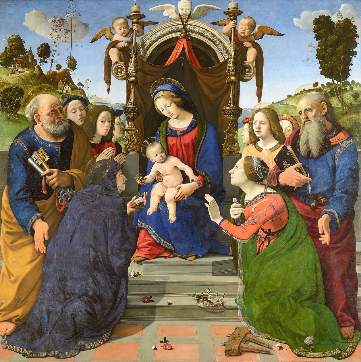 Madonna met kind op de troon met de heiligen Petrus, Johannes de Evangelist, Elizabeth van Hongarije (), Catharina van Alexandrië en engelen door Piero di Cosimo