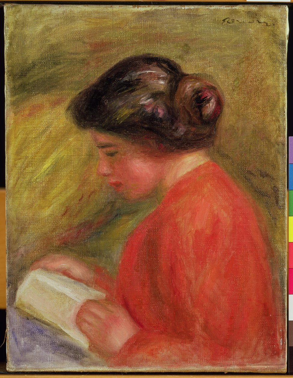 Meisje in rood dat leest door Pierre Auguste Renoir