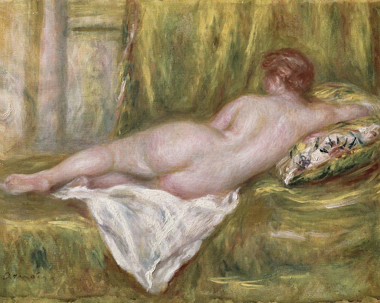 Liggende naakt van de rug, rust na het bad door Pierre Auguste Renoir