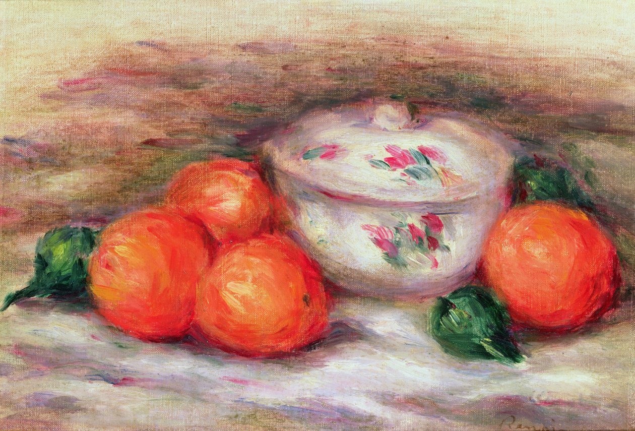 Stilleven met een bedekte schaal en sinaasappels door Pierre-Auguste Renoir