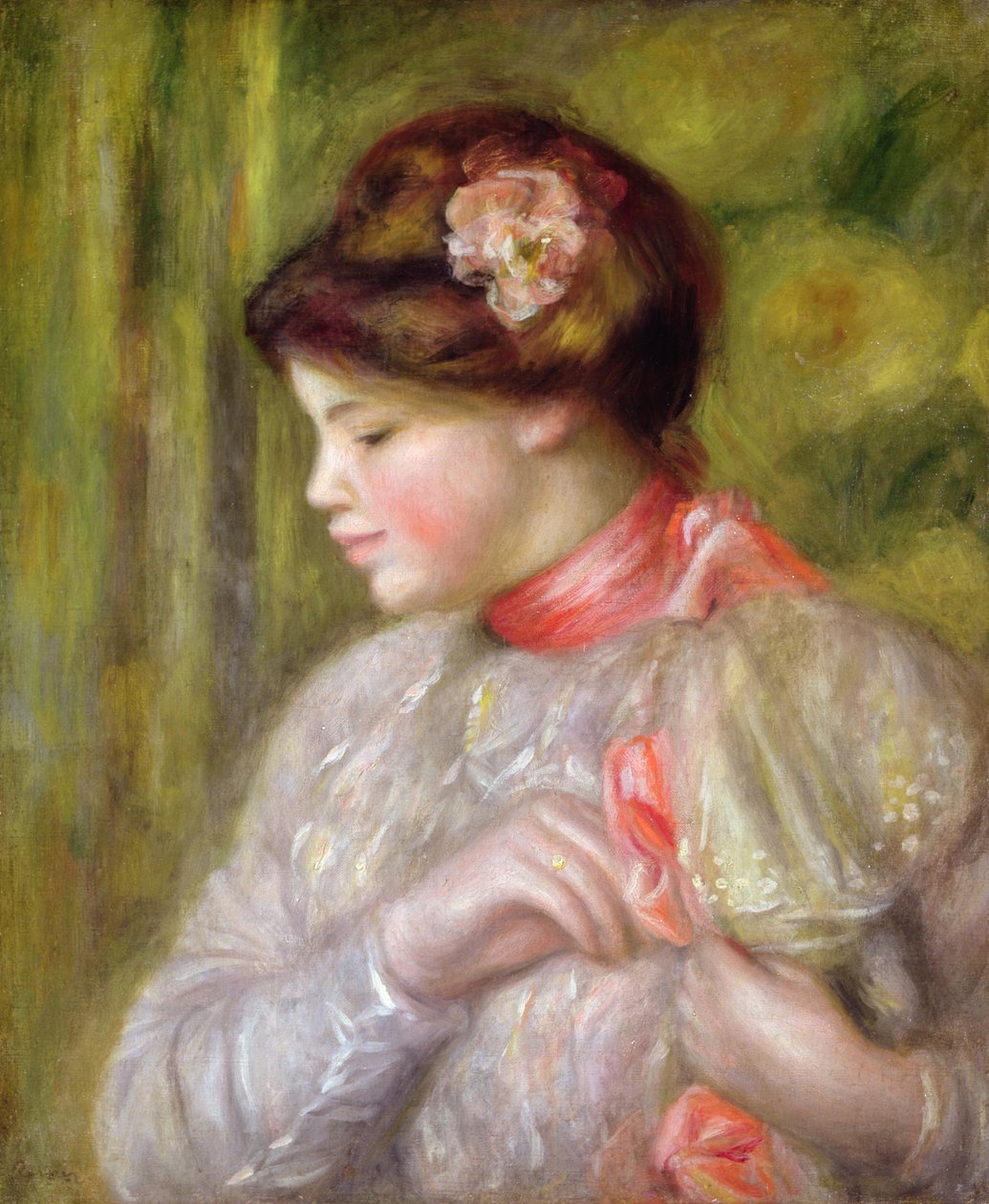 Jonge vrouw die haar blouse aanpast door Pierre Auguste Renoir