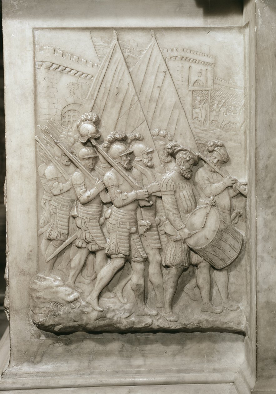 Graf van François I en zijn vrouw, Claude van Frankrijk, detail van soldaten geleid door een trommelaar door Pierre Bontemps