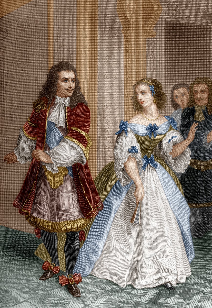Personages uit De Misanthrope van Molière: Alceste, Celimene, Eliante, Philinte, gravure door Delannoy, 1870 door Pierre Gustave Eugene 1817-82 after Staal