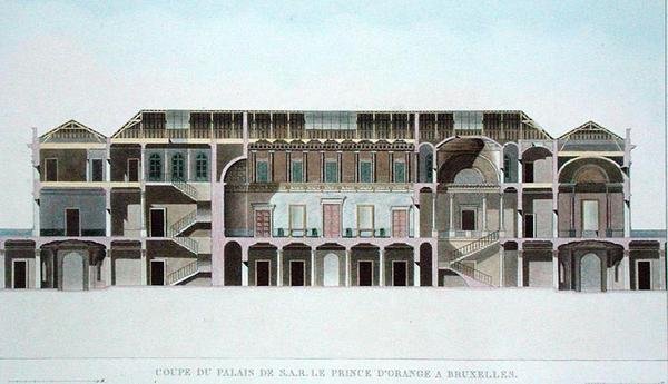 Dwarsdoorsnede van het Paleis van de Prins van Oranje, Brussel, uit Choix des Monuments, Edifices et Maisons les plus remarquables du Royaume des Pays-Bas door Pierre Jacques Goetghebuer, gepubliceerd 1827 door Pierre Jacques Goetghebuer