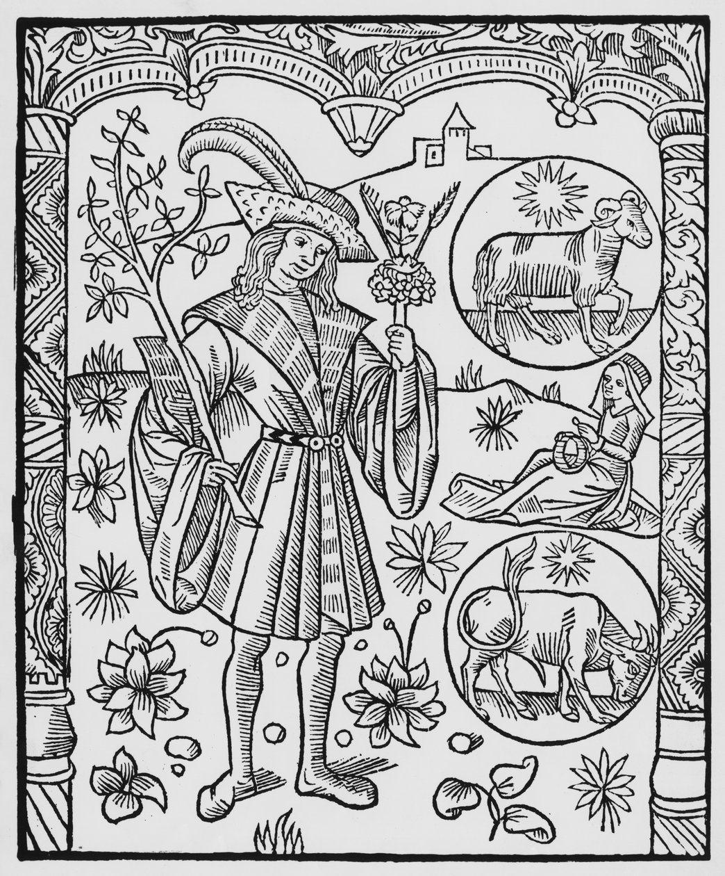 April, bloemen, Ram, illustratie uit de 