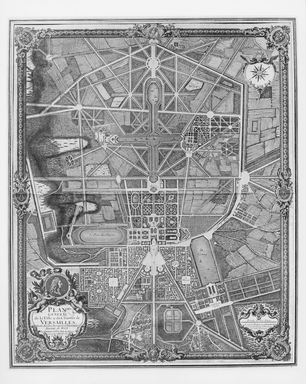 Algemeen plan van de stad en het Kasteel van Versailles, met zijn tuinen, bossen en fonteinen door Pierre Lepautre