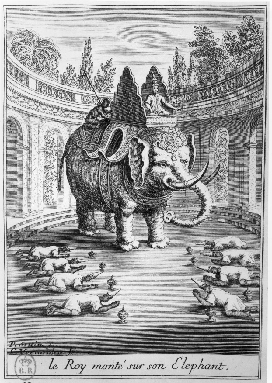 De koning van Siam gezeten op zijn olifant, gegraveerd door Cornelis Vermeulen, 1686 door Pierre Paul Sevin