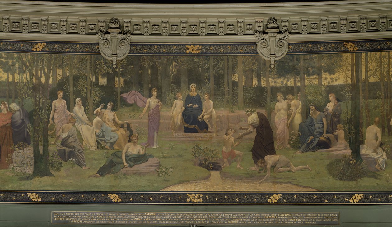 Het Heilige Woud, allegorische muurschildering in het Grote Amfitheater, centraal detail van de Sorbonne, Welsprekendheid, Poëzie, de Levensbron en Wetenschap, 1887-89 door Pierre Puvis de Chavannes