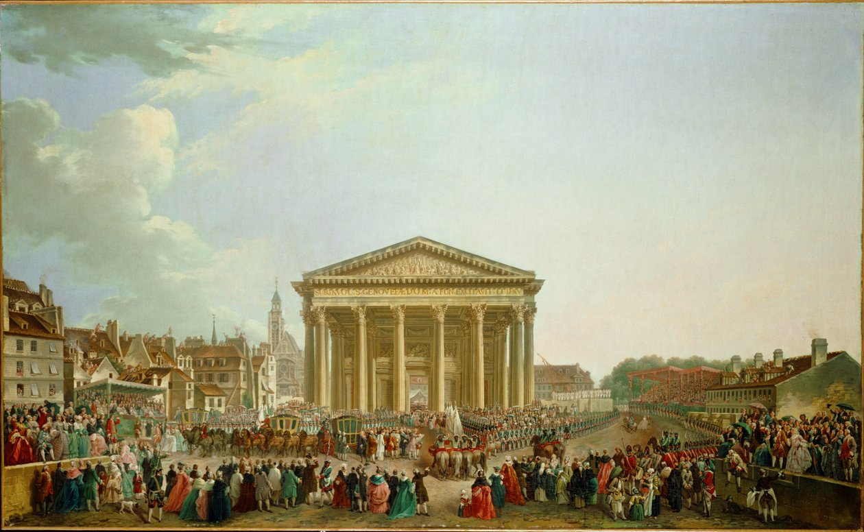 Louis XV legt de eerste steen van de kerk van Ste ... door Pierre Antoine (attr. to) Demachy