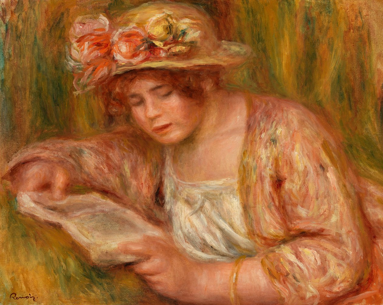 Andrée met hoed, lezend door Pierre-Auguste Renoir