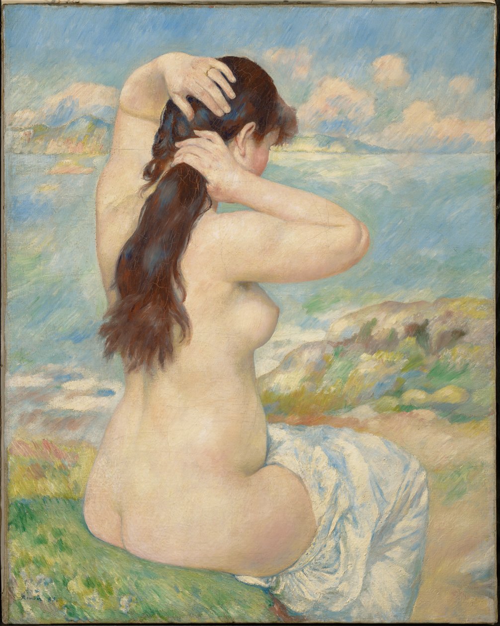 Een badgaster die haar haar in model brengt door Pierre-Auguste Renoir