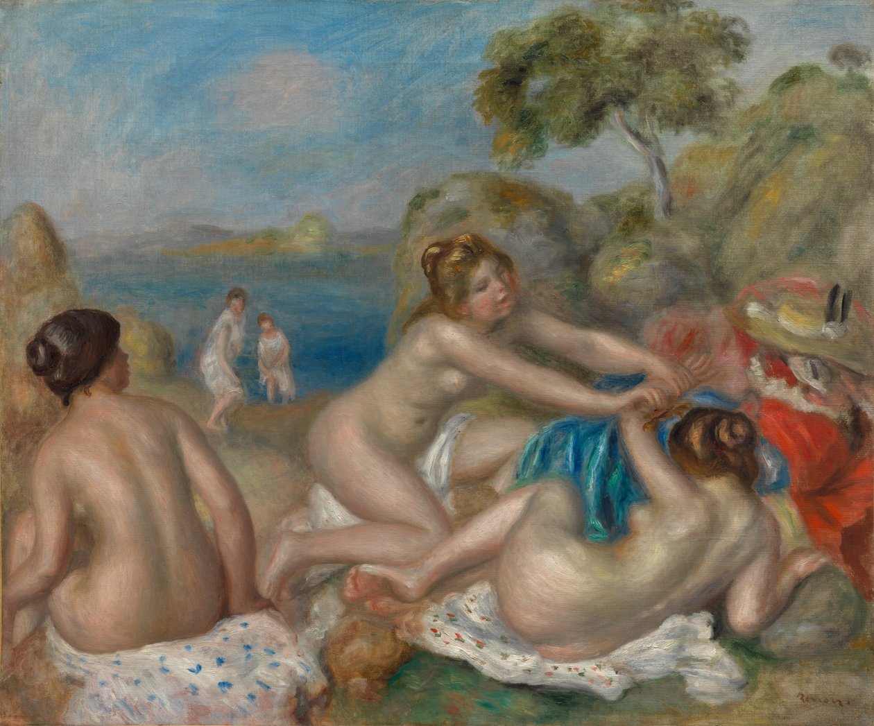 Baden die met een krab spelen door Pierre-Auguste Renoir
