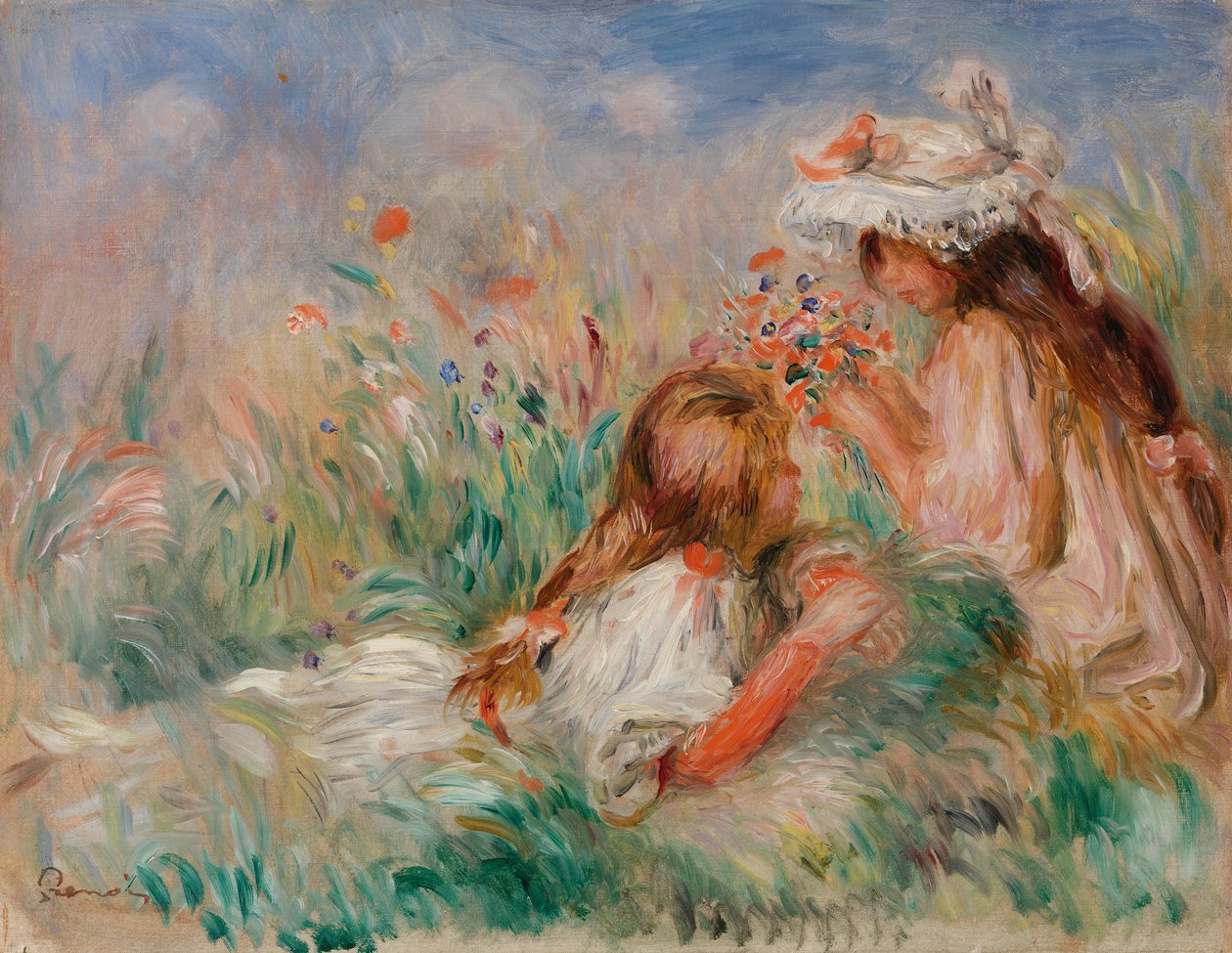 Meisjes in het Gras die een Boeket Schikken door Pierre-Auguste Renoir