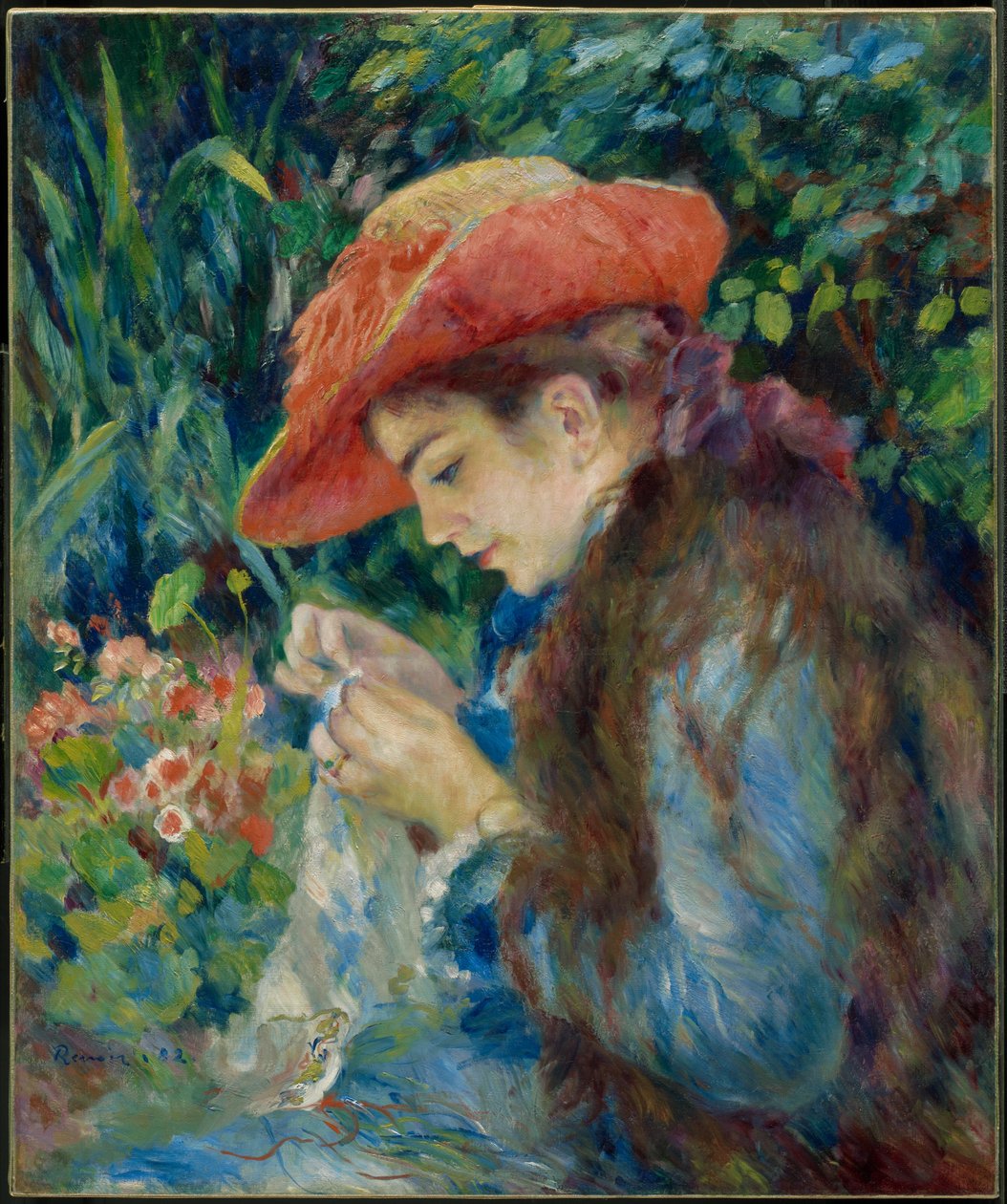 Marie-Thérèse Durand-Ruel naaiend door Pierre-Auguste Renoir