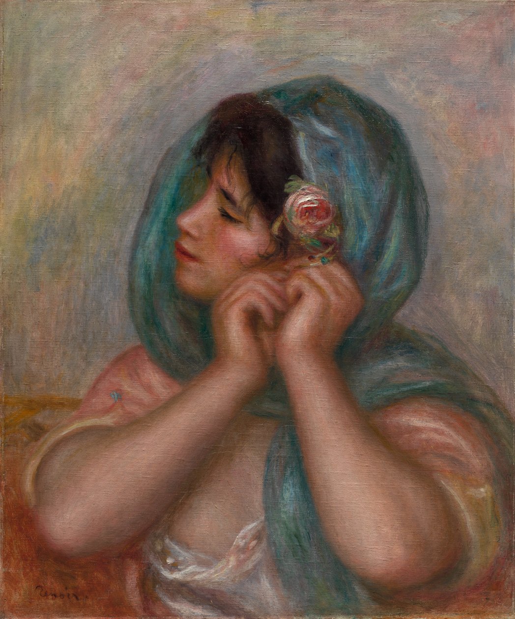 Jonge Vrouw die haar Oorbel Regelt door Pierre-Auguste Renoir