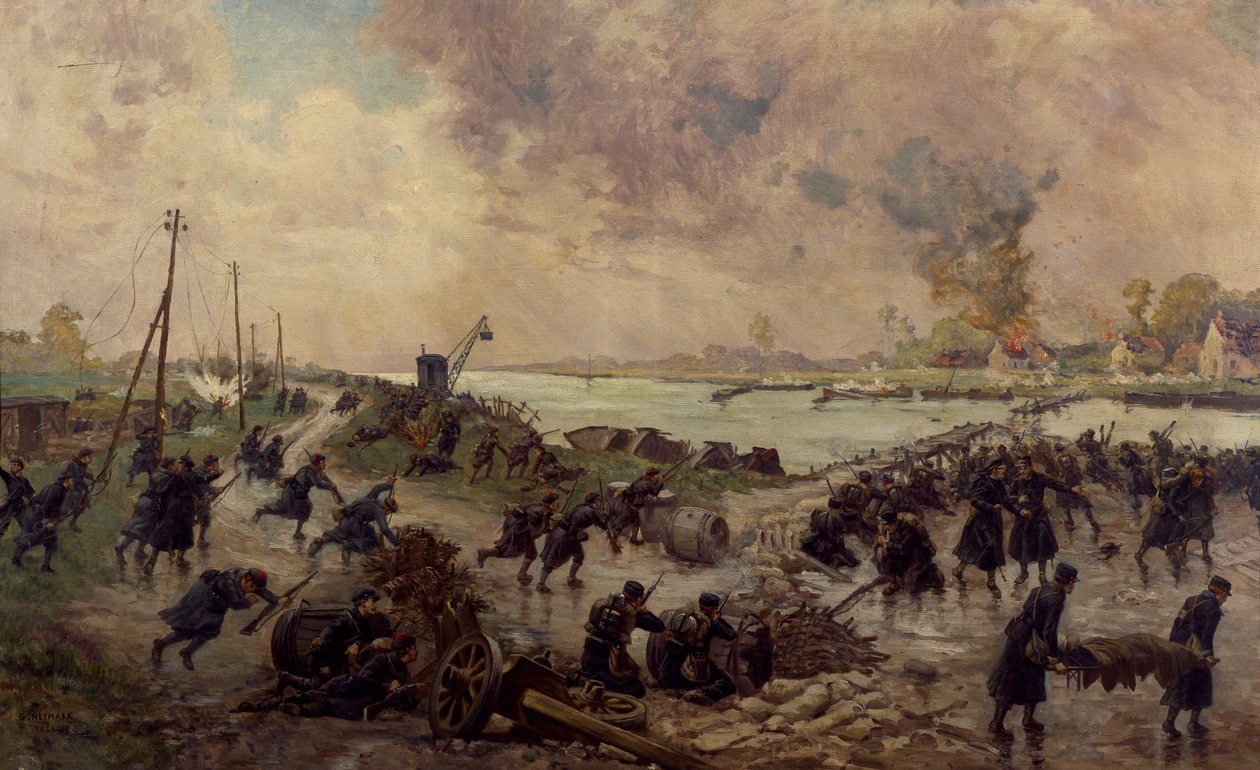 Belgische troepen in gevecht aan de IJzer, oktober 1914, Eerste Wereldoorlog, België, 20e eeuw door Pierre Ernest and Neymark Gustave Ballue