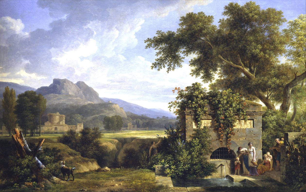 Klassiek landschap met figuren die bij een fontein drinken door Pierre-Henri de Valenciennes