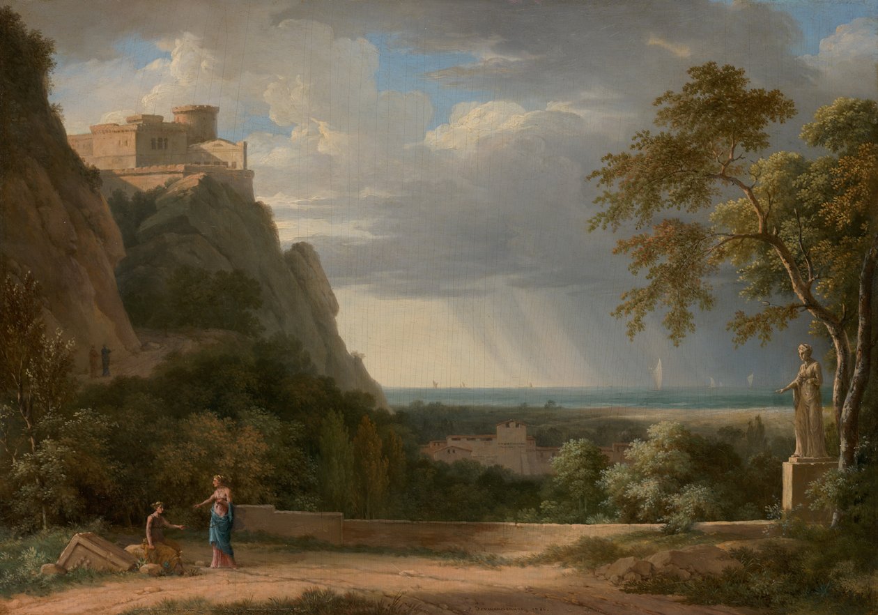 Klassiek landschap met figuren en beeldhouwwerk door Pierre-Henri de Valenciennes