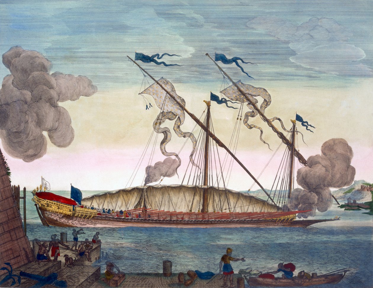 Een koninklijke galei (Spaans of Portugees) geroeid door slaven, vuurt een signaal af, uit 