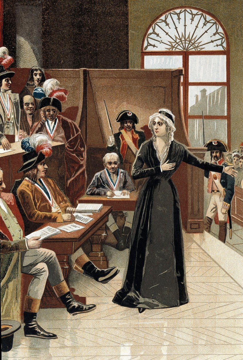 Franse Revolutie: de koningin van Frankrijk Marie Antoinette voor de rechter tijdens haar proces op 14 oktober 1793 door Pierre (after) Bouillon