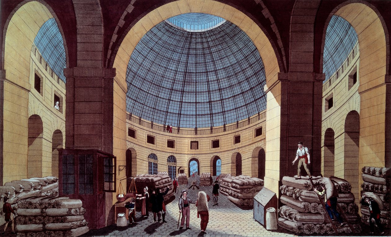 Uitzicht op de Halle au blé, gelegen op het huidige Hotel de Soissons (Handelsbeurs) in Parijs. Gravure door Guiguet naar Pierre Courvoisier (1756-1804) 18e eeuw. Parijs, B.N. door Pierre (after) Courvoisier