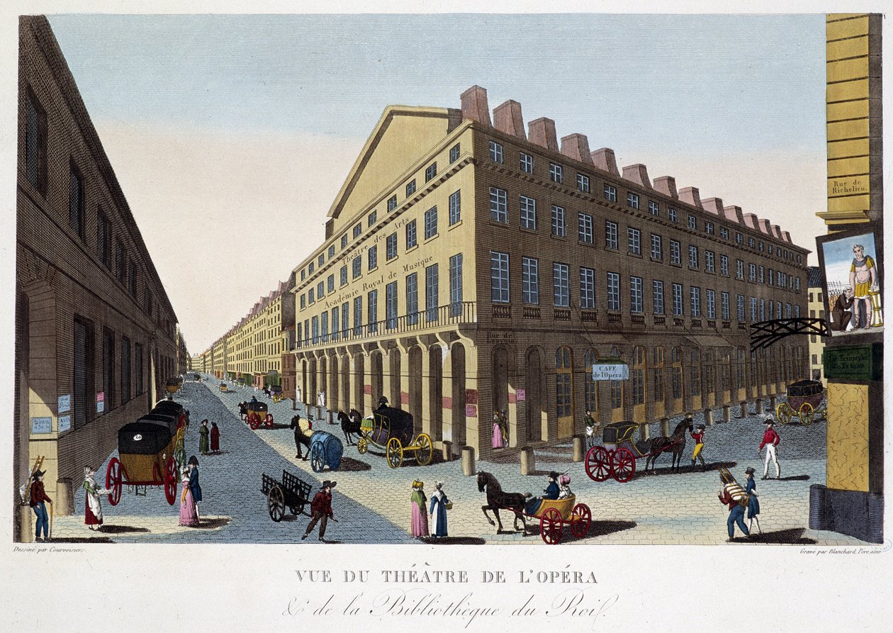 Uitzicht op het theater van de Opera (Comédie Française) en de bibliotheek van de koning - in “Vues de Paris” door Courvoisier door Pierre (after) Courvoisier