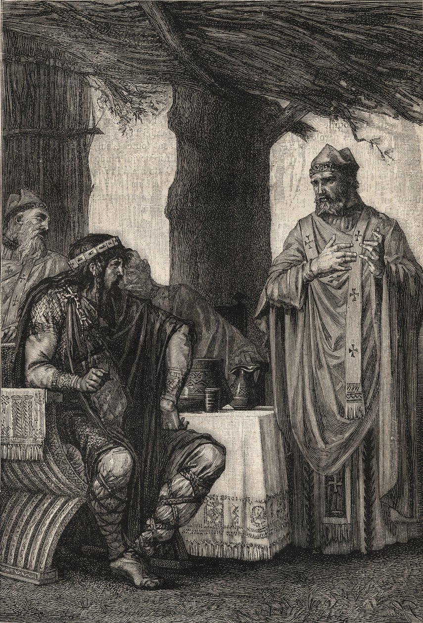 Sint Gregorius van Tours (538-594) tegenover Chilperic I (539-584) Frankische koning van de Merovingische dynastie - gravure door Pierre Fritel door Pierre (after) Fritel