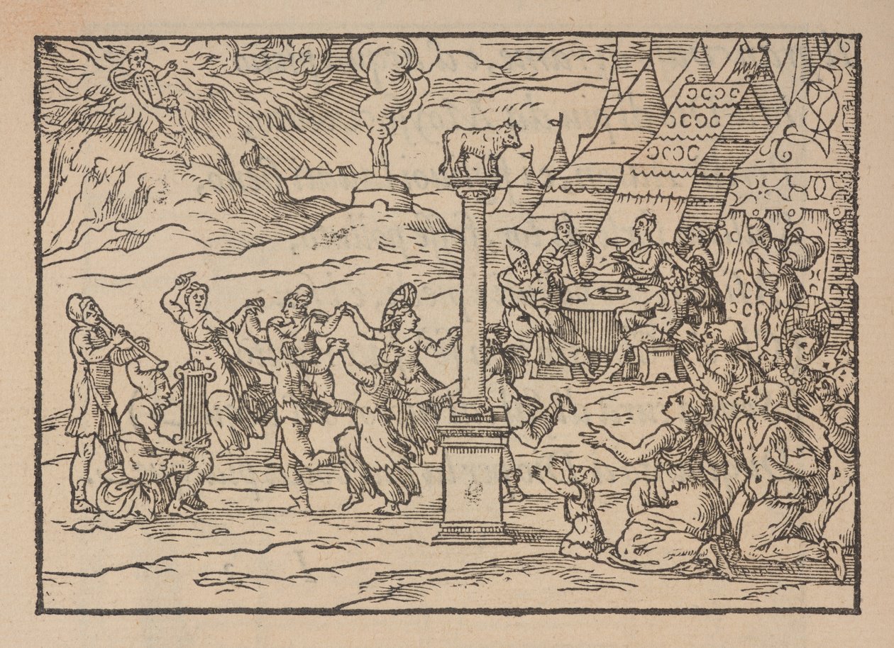 Aanbidding van het Gouden Kalf, uit Figure de la Biblia, geïllustreerd door Gabriel Simeoni door Pierre (attr. to) Eskrich