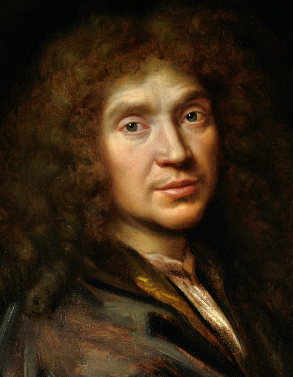Detail van "Portret van Molière" (1622-1673) Jean Baptiste Poquelin door Pierre (studio of) Mignard