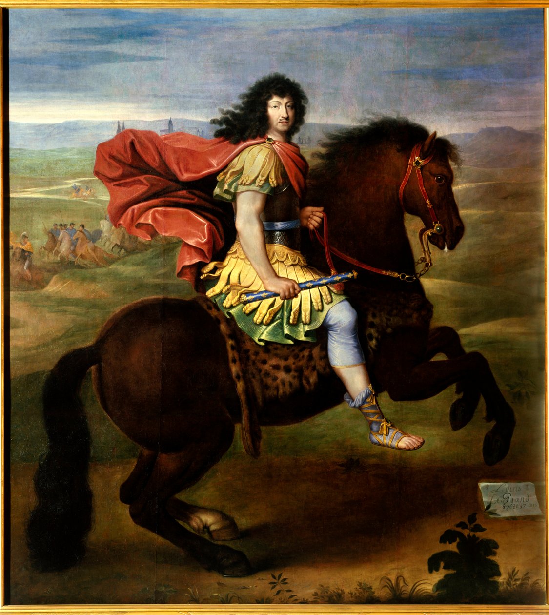 Ruiterportret van Lodewijk XIV (37 jaar oud). De koning van Frankrijk Lodewijk XV, bekend als Le Bien Aime door Pierre (studio of) Mignard