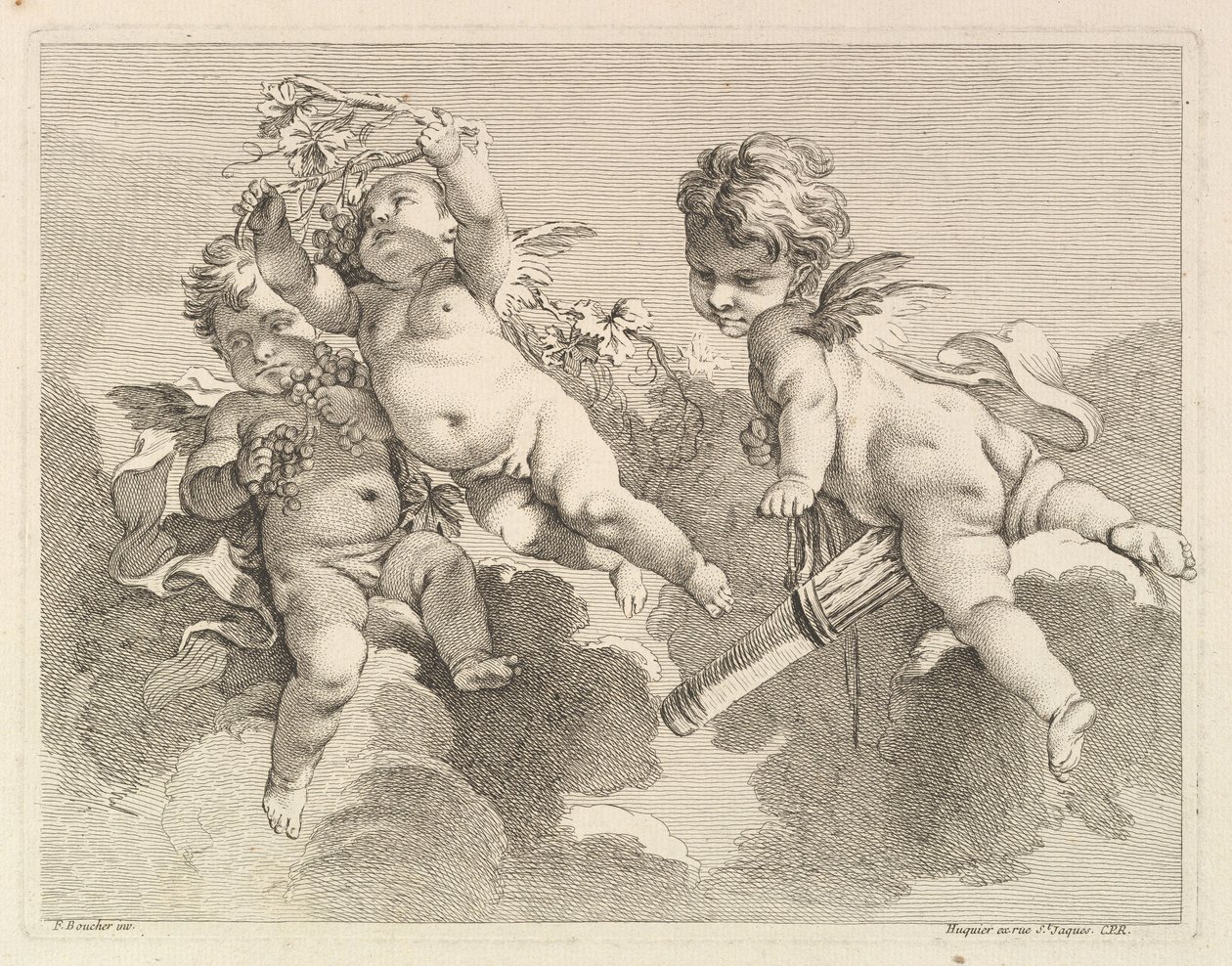 Drie liefdes, een met een koker, de ander met druiven, 1727-60 door Pierre Alexandre Aveline