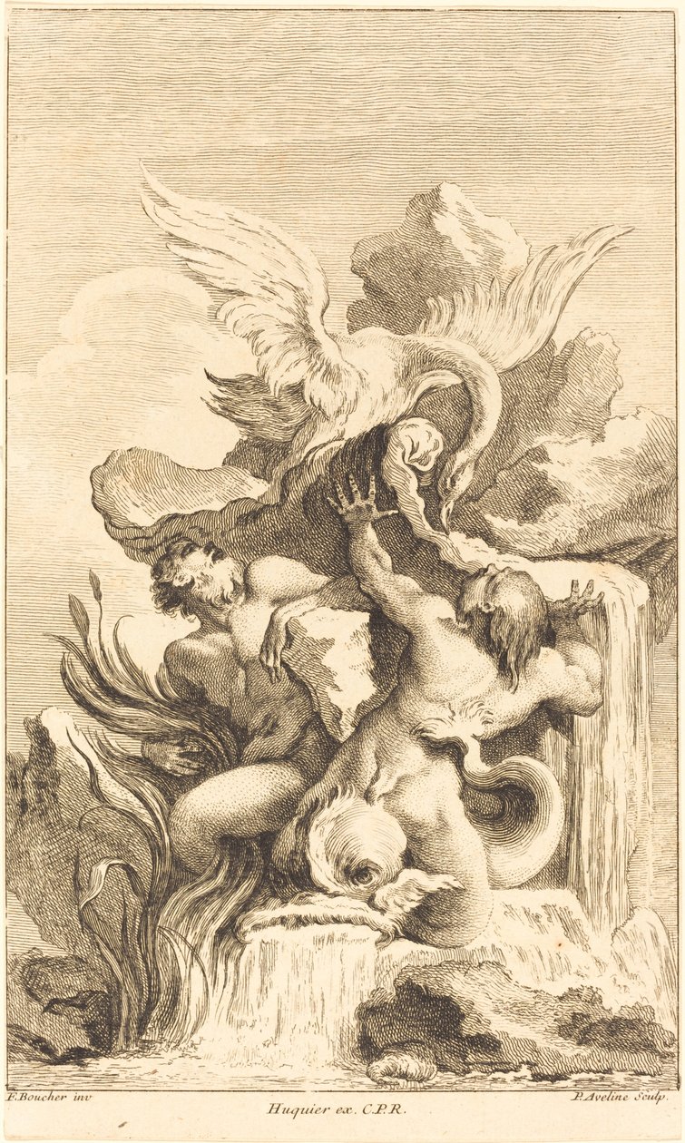 Twee tritons en een zwaan, in of na 1736 door Pierre Alexandre Aveline