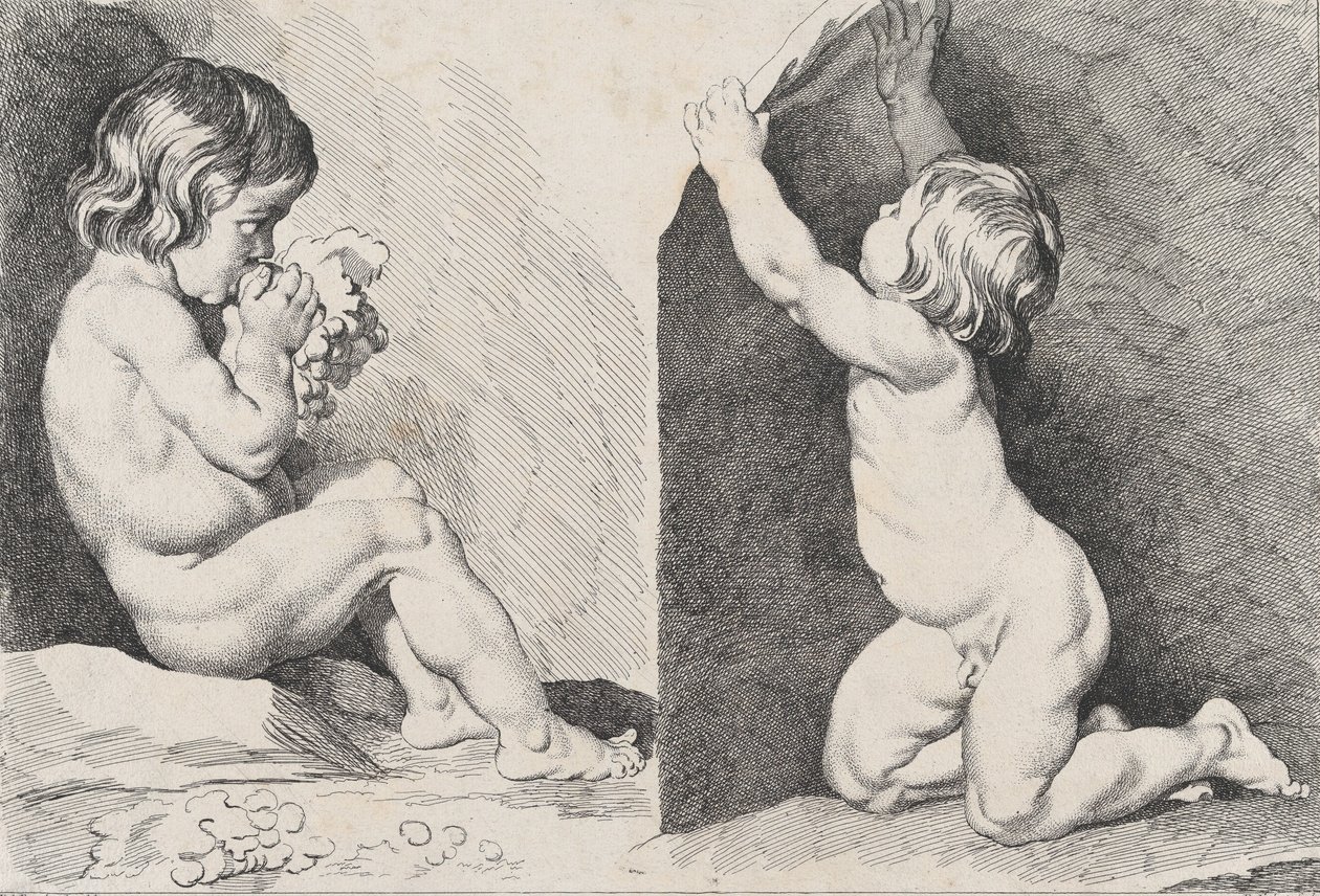 Twee naakte kinderen die druiven eten, uit Nieuw Boek van Kinderen door Pierre Alexandre Aveline