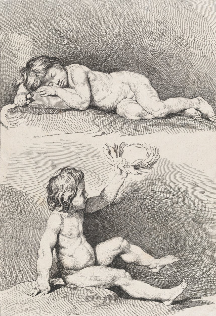 Twee naakte kinderen, een slapend en de ander met een krans, uit Nieuw Boek van Kinderen..., 1720-60 door Pierre Alexandre Aveline