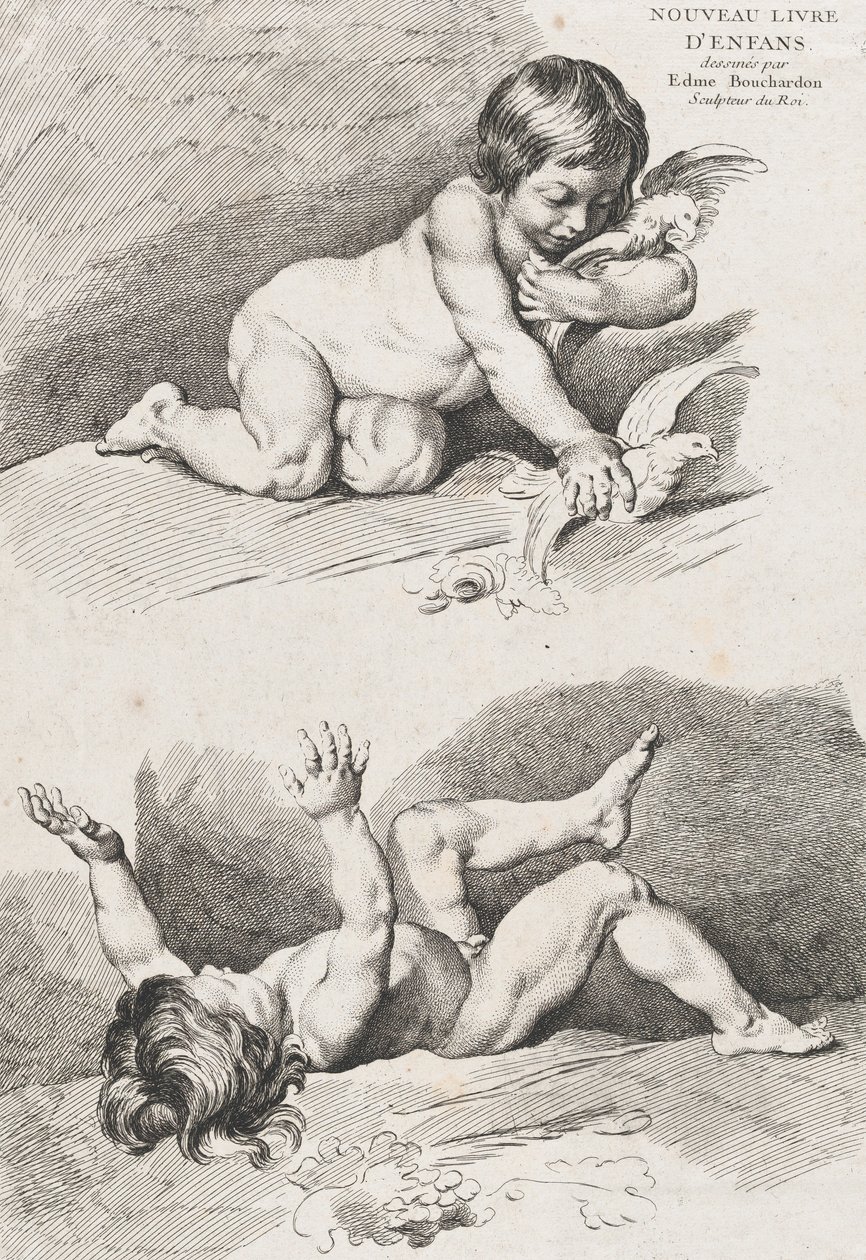 Twee naakte kinderen die met een blad spelen, uit Nieuw Boek van Kinderen, 1720-60 door Pierre Alexandre Aveline