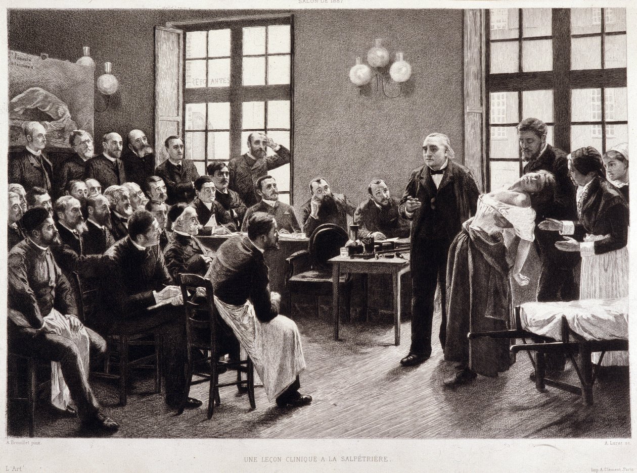Een klinische lezing door Dr. Charcot in de Salpetriere in 1887 door Pierre Andre (after) Brouillet