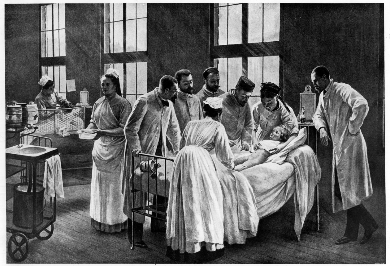 Le Croup in het ziekenhuis Trousseau, door Andre Brouillet - De Croup genezen door dokter Roux, gegraveerd door E. Buval (kleur litho) door Pierre Andre (after) Brouillet