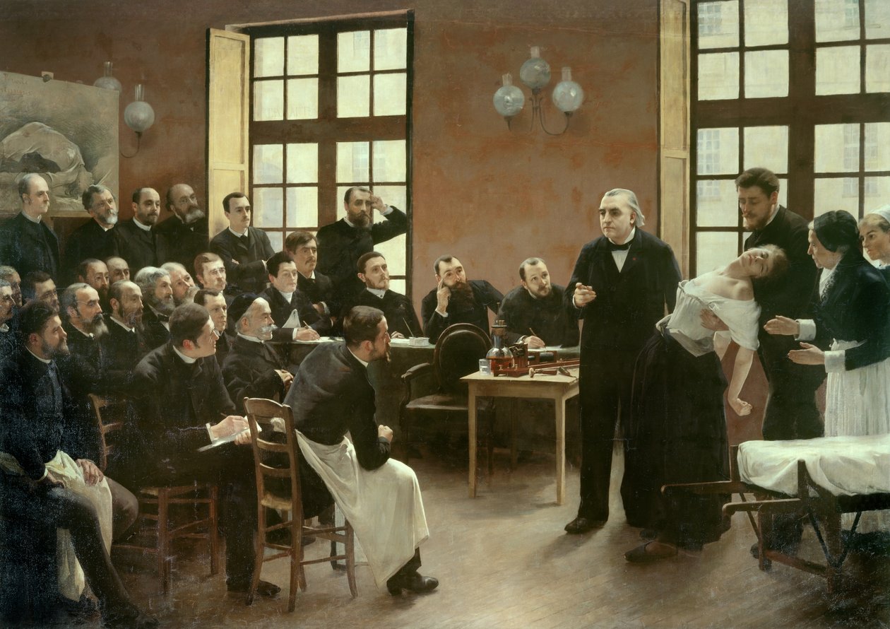 Een klinische lezing door Dr. Charcot in de Salpêtrière in 1887. Studenten van de afdeling van Professor Jean Martin Charcot (1825-1893) die het geval van Blanche Wittman uitlegt, zijn patiënt en proefpersoon voor zijn onderzoek naar hysterie. door Pierre Andre Brouillet