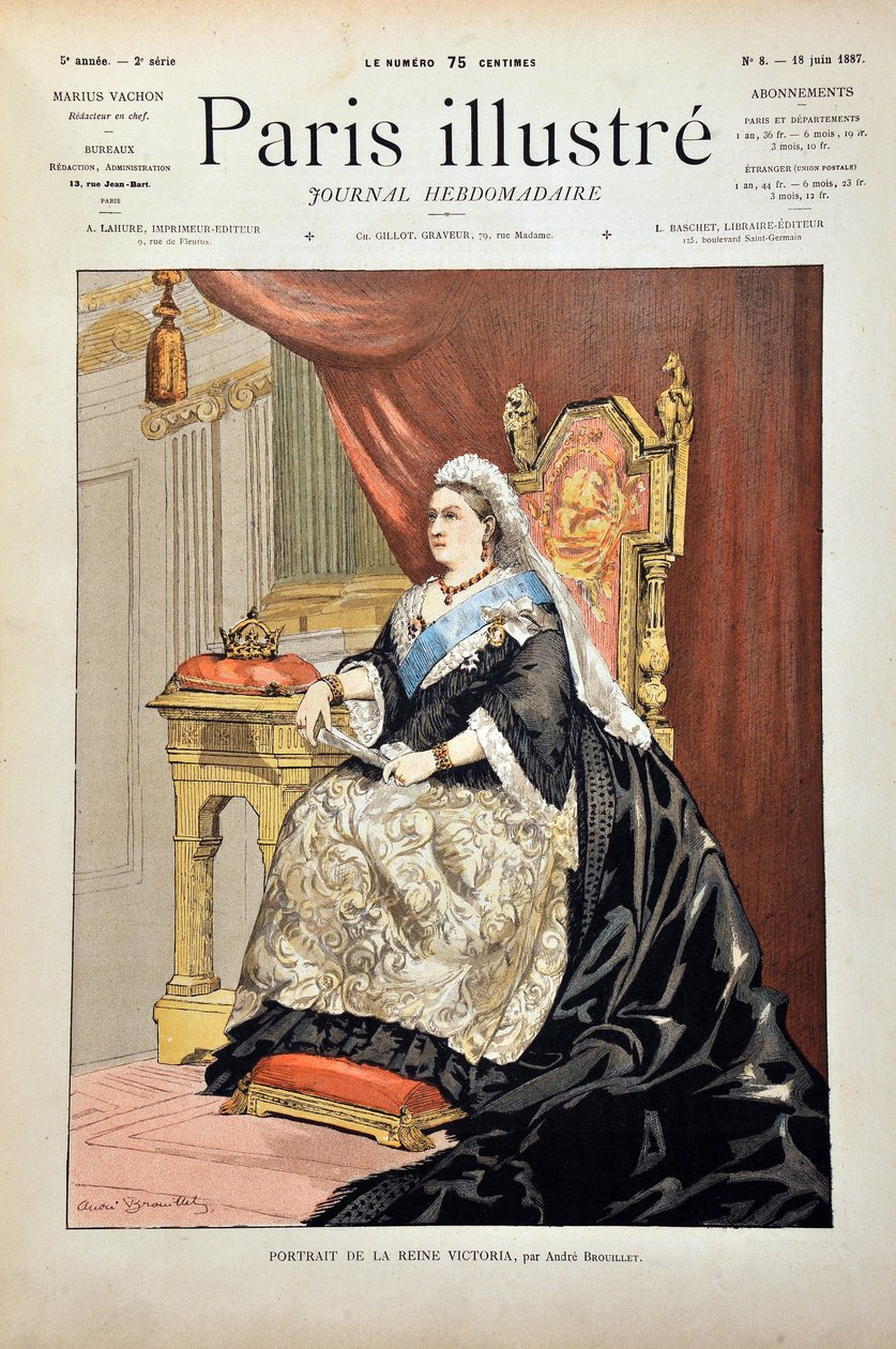 Portret van Victoria Iere, Koningin van Engeland (1819-1901) door Andre Brouillet, Gravure van 1887 in 