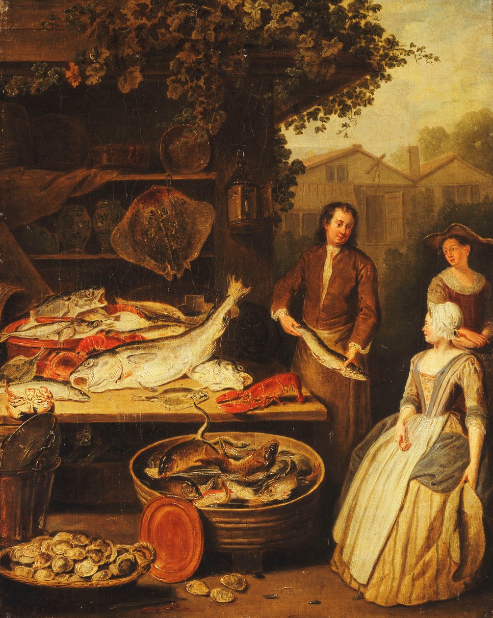 Een Visboer die een Snoek toont aan een Dienstmeid, 1727 door Pierre Angelis or Angillis