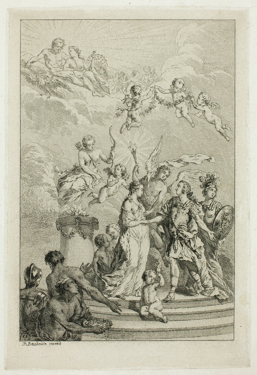 Allegorie van het huwelijk van de Dauphin Louis met de Infanta Maria Theresa van Spanje door Pierre Antoine Baudouin