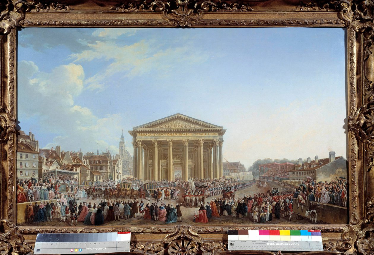Ceremonie van het leggen van de eerste steen van de nieuwe Kerk van Saint Genevieve op 6/09/1764 nabij het Pantheon door Pierre Antoine Demachy