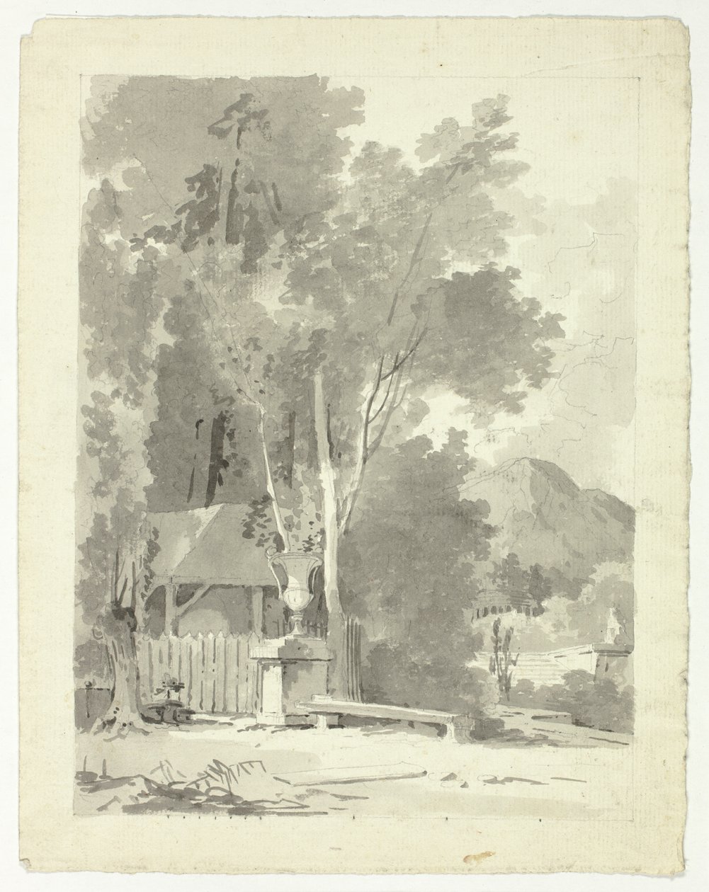Klassieke urne voor een schuurtje, met tempel en berg op de achtergrond door Pierre Antoine Mongin