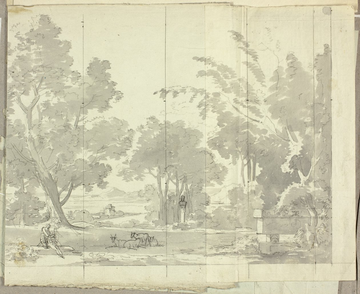 Fantasielandschap met ruïnes en figuren door Pierre Antoine Mongin